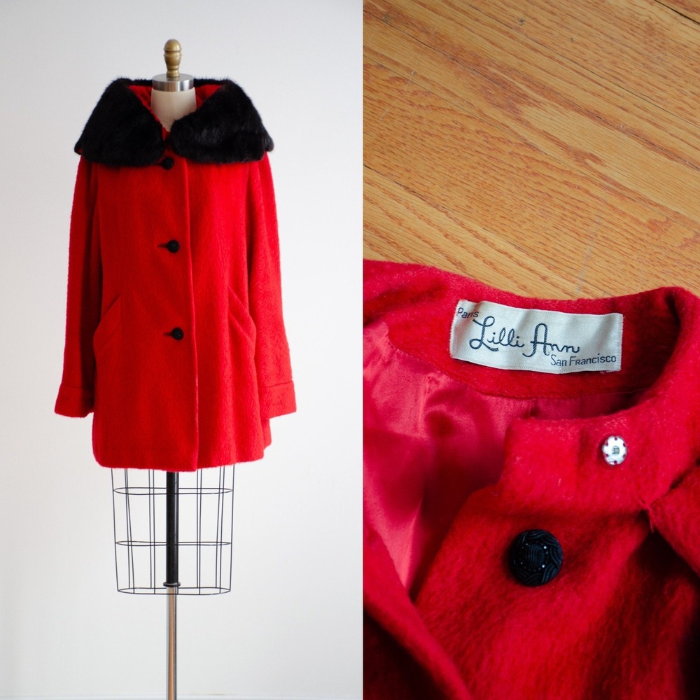 Lilli Ann coat 50s‎ 60s vintage red wool mink fur collar coat